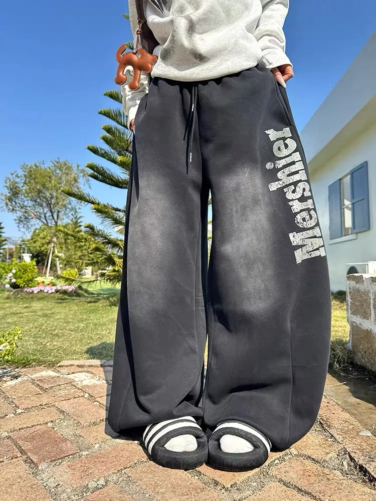 

Deeptown Black Letter Print Women Distressed Sweatpants Vintage Wide Leg Jogging American Style Trousers Baggy Hip Hop Casual