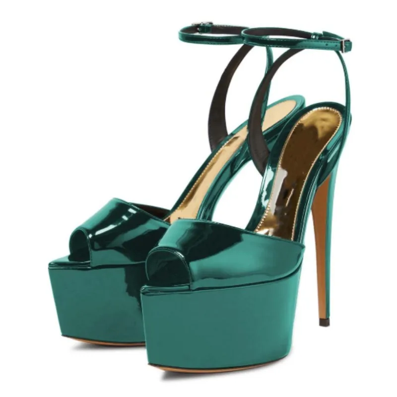 DIZHUANG Sexy women's high-heeled sandals. Lacquer leather sandals. About 18cm heel height. Summer women's shoes. Size:34-46