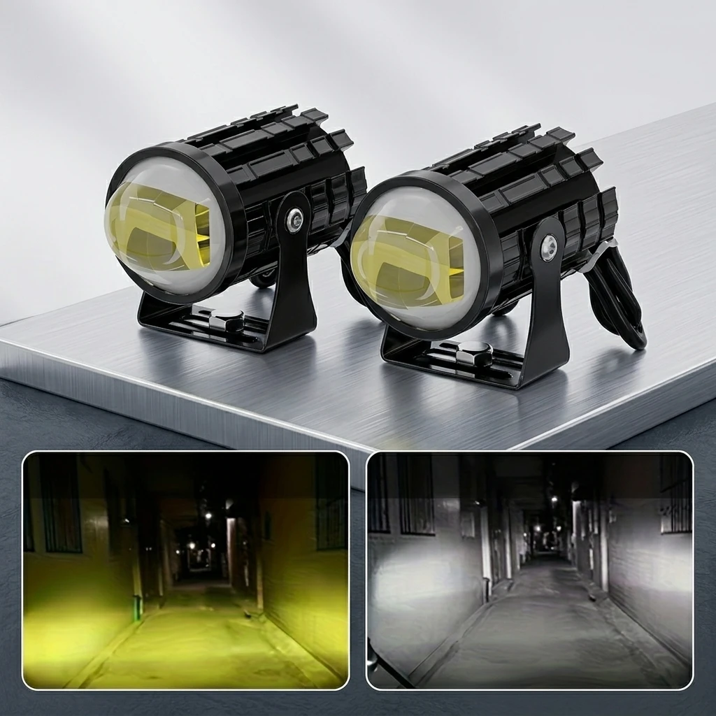 2 Pack Dual Color Motorcycle LED Lamps Hi Low Beam 3 Light Modes Wide Voltage Driving Lights for Motorbike ATV Truck Car