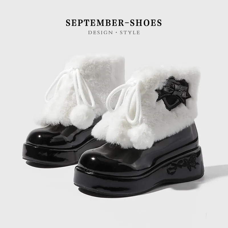 Lolita Women Platform Snow Boots Faux Fur Turn‑over Cuff Bow Pom‑pom Decor Warm Plush Thick Sole Gothic Ankle Short Boots