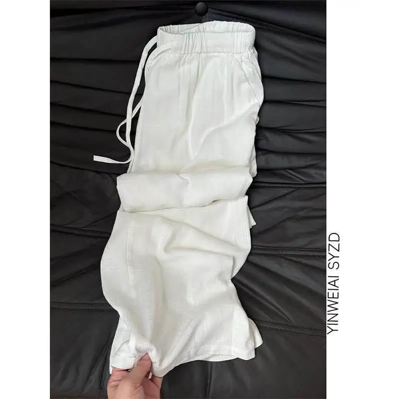 

High Waist Wide Leg Pants Cotton Linen Ice Silk Thin Straight Drapey Loose Fit Summer Casual Trousers for Women