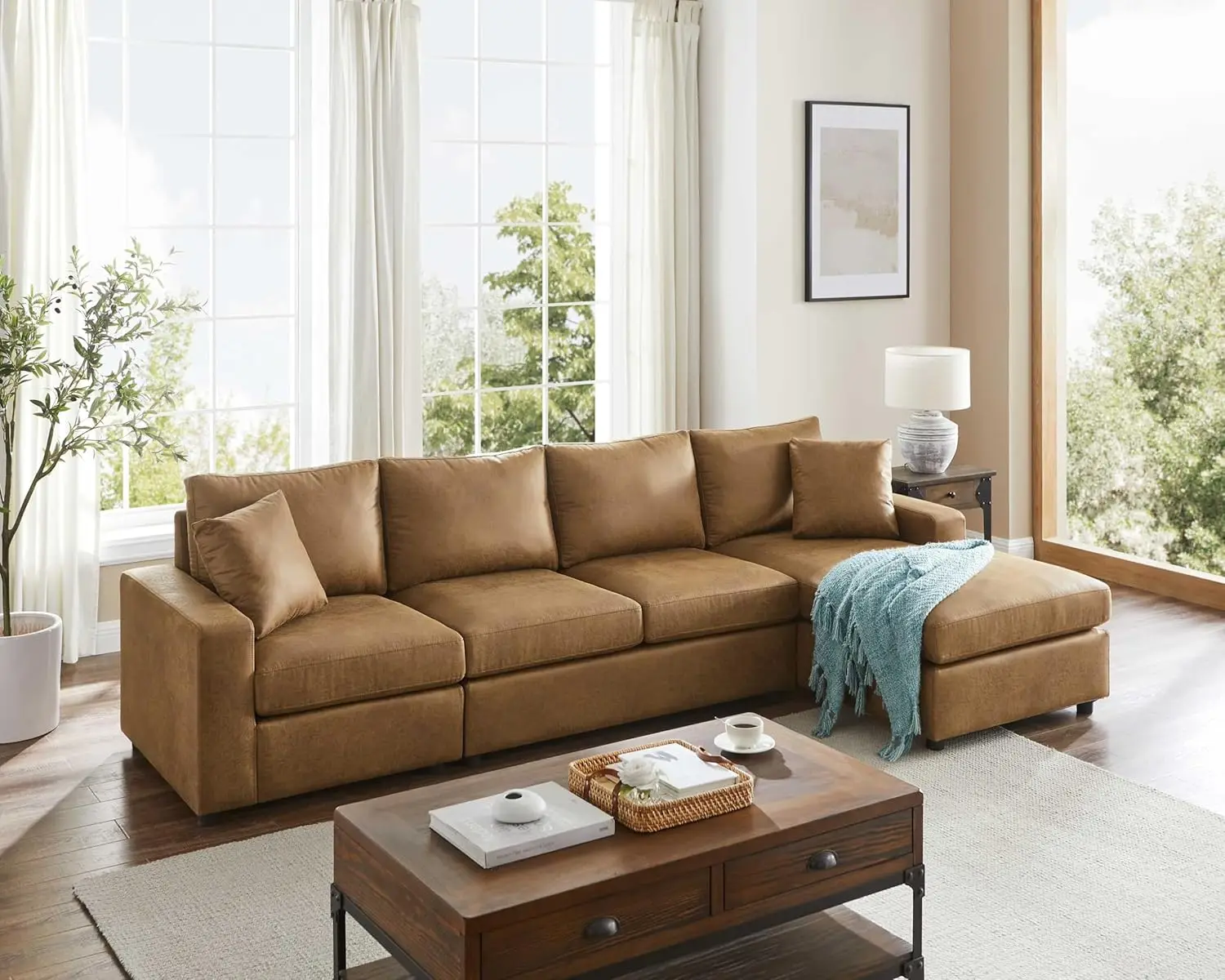 

116'' Faux Leather Sectional Sofa, L-Shaped Five-Seat Living Room Sofa Couch, Chaise Longue on The Right, Light Brown