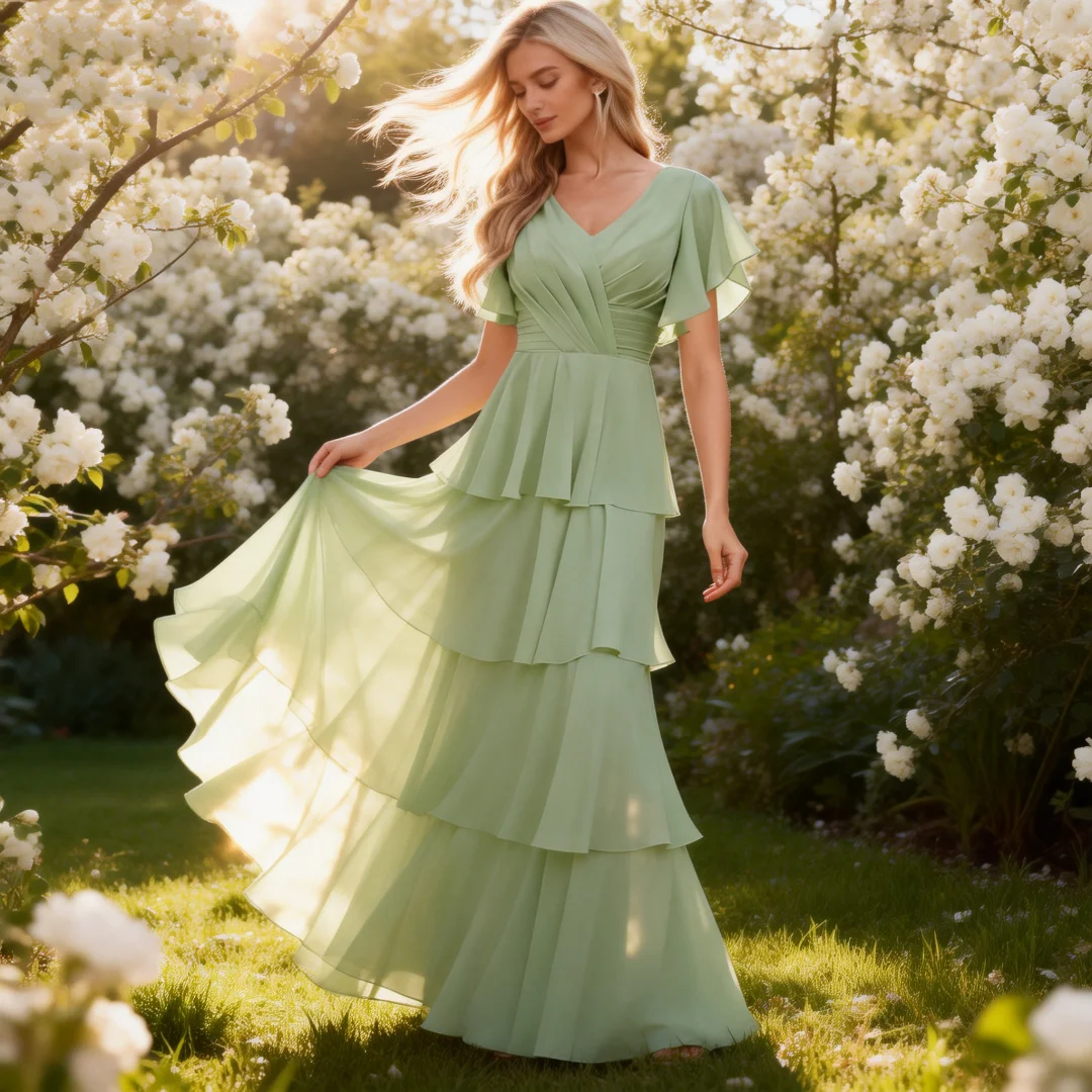 

Элегантное вечернее платье для подружки невесты, длинное, А-силуэт, с коротким рукавом, V-образным вырезом, из шифона, в пол, 2026, простое, для выпускного вечера, женское