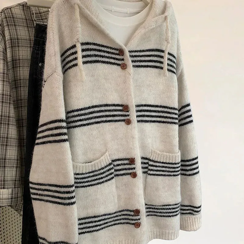 

Ladies Autumn Winter New Hooded Striped Knit Cardigan Long Loose Joker Top Sweater Hooded Button Pocket Cardigan Sweater Coat
