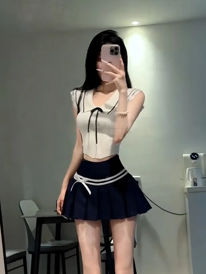 

Summer New Style Pure Desire Spicy Girl School Uniform Set Women's High Waist Pleated Skirt Top Sleeveless Collar Two-Pi...