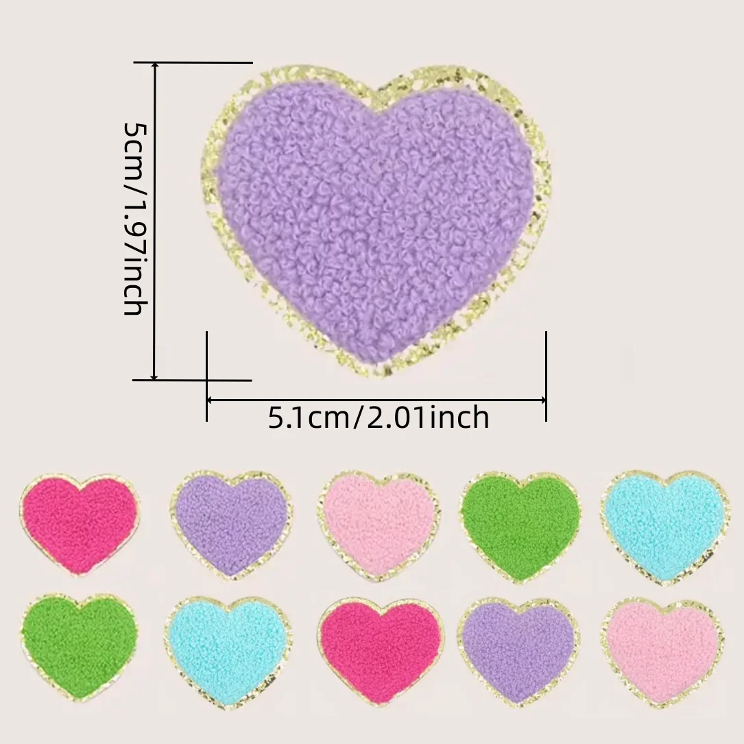 5 Stück/Set 5cm Herz-Chenille-Aufnäher mit Goldrand, bestickte Aufnäher zum Aufbügeln für DIY-Nähprojekte, Applikationen und Kleidungszubehör – Detail 1