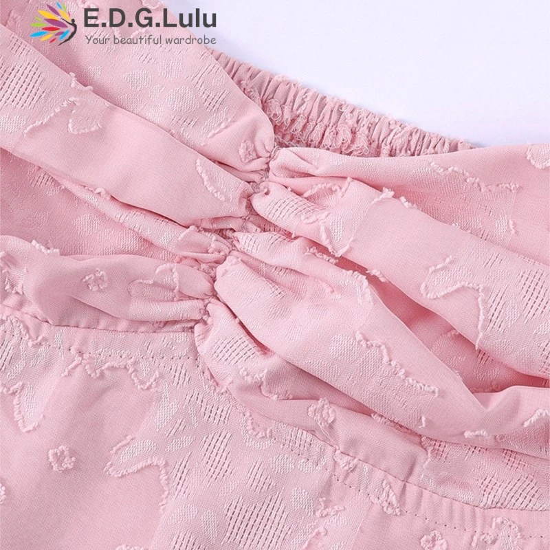 EDGLuLu スイート刺繍フローラルピンクレースロングパーティードレス レディース 2025 ストラップレスロータスリーフスリーブ バックレススリットドレス 0828