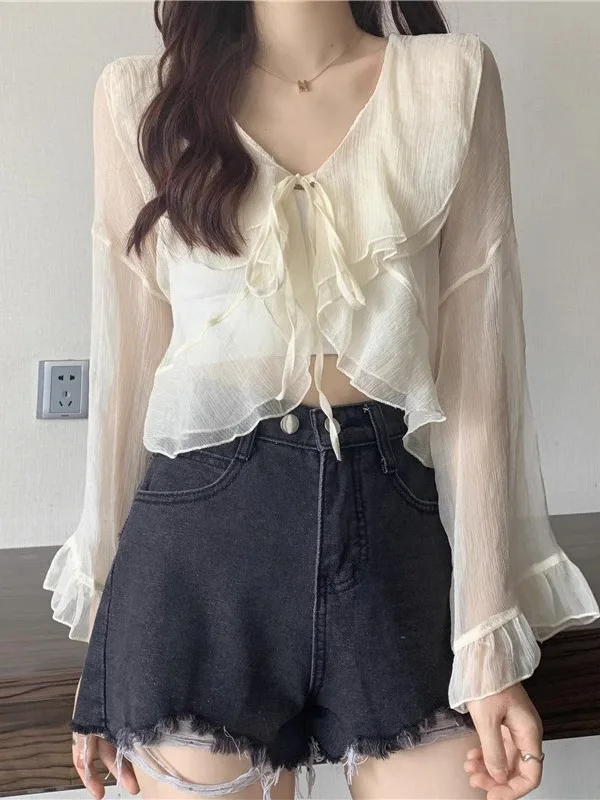 

Summer New Sle Women's ort Svel Blouse with Lace Hem Korean Loose Fit Sun Protection irt for Commuting