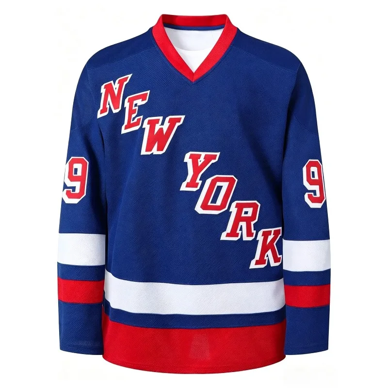 Hot 3D Print Gretzky 99 Inspired New York Hockey Jersey Unisex Blue Red White Striped V‑Neck Long Sleeve Fan Sports Casual Top