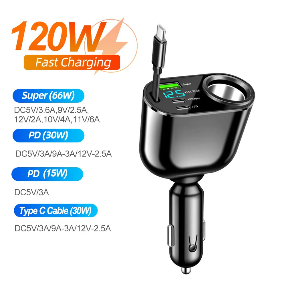 PD QC3.0 Schnelles Autotelefon-Ladegerät, 4-in-1 Dual USB Typ C Schnelllade-Netzteil mit Zigarettenanzünder-Spannungsanzeige