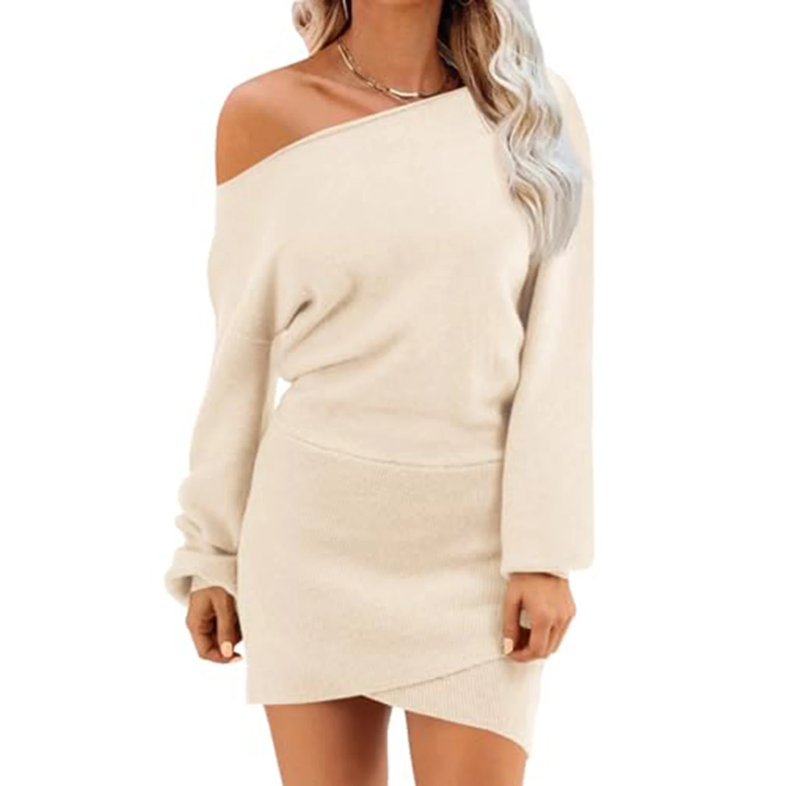 Vestido de moda feminina casual fora do ombro camisola vestido manga longa malha cor sólida vestido outono e inverno vestidos