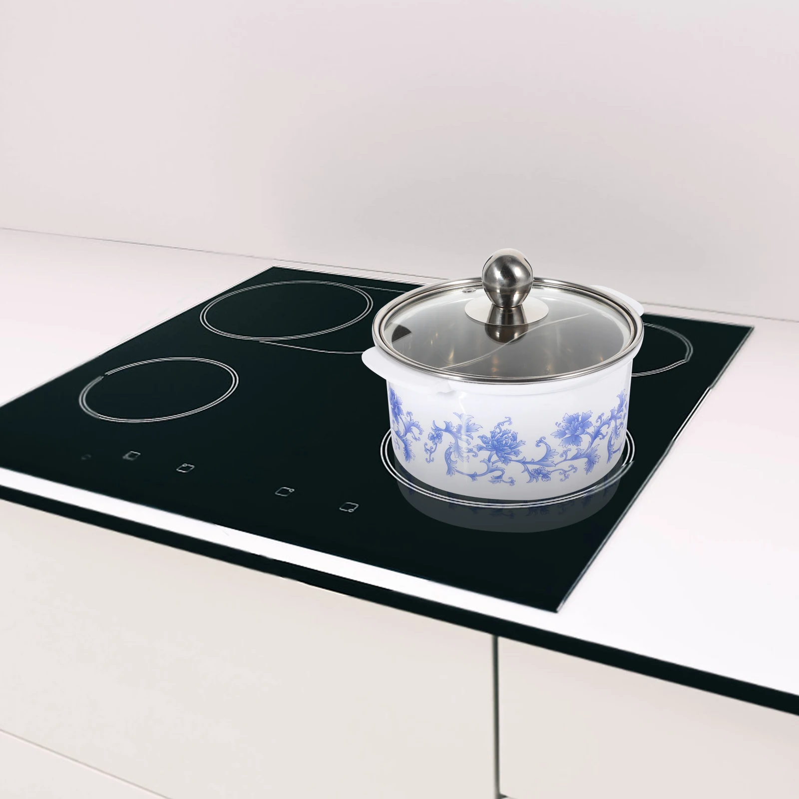 

Anti Scald Yuanyang Hot Pot Lid White Floral Design Stainless Steel Small Cooking Pot for Stove Top Induction Suitable