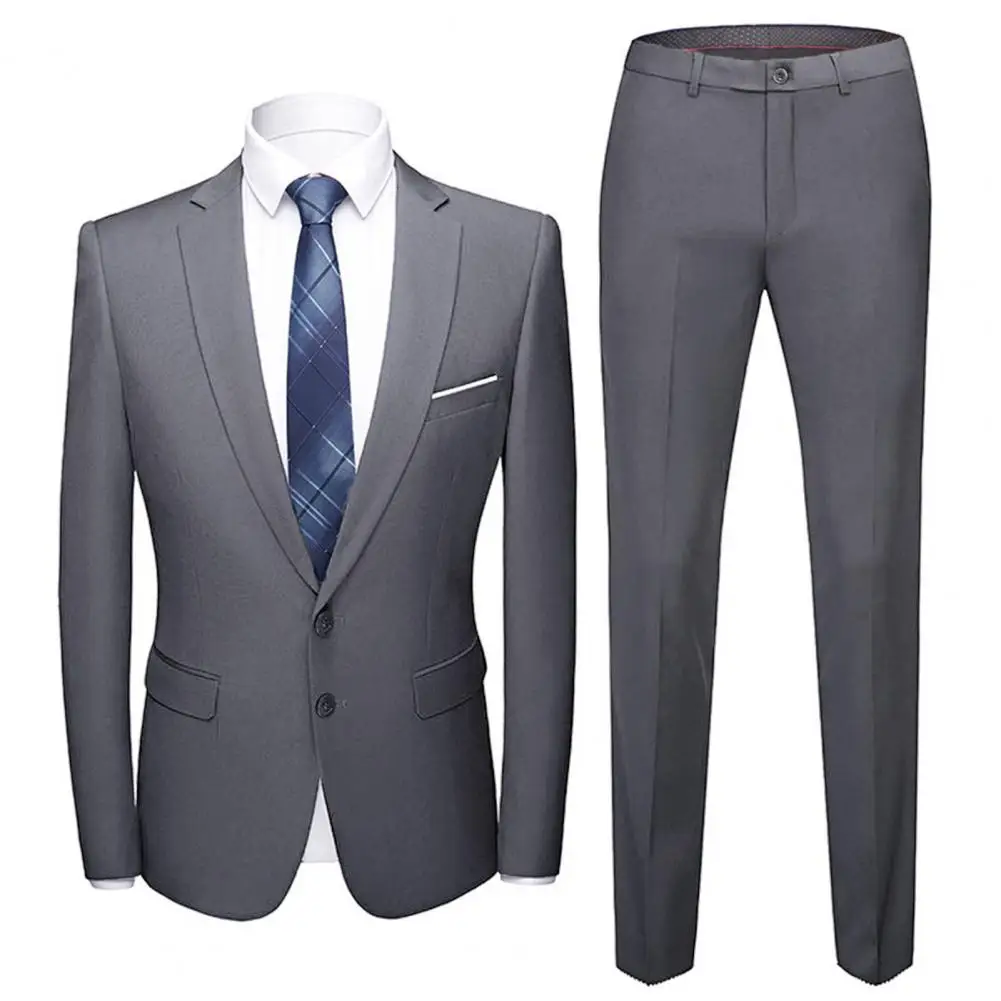 1 Set Blazer Pants Solid Color Turndown Collar Long Sleeve Slim Fit Two Buttons Formal Suit for Wedding Banquet Prom