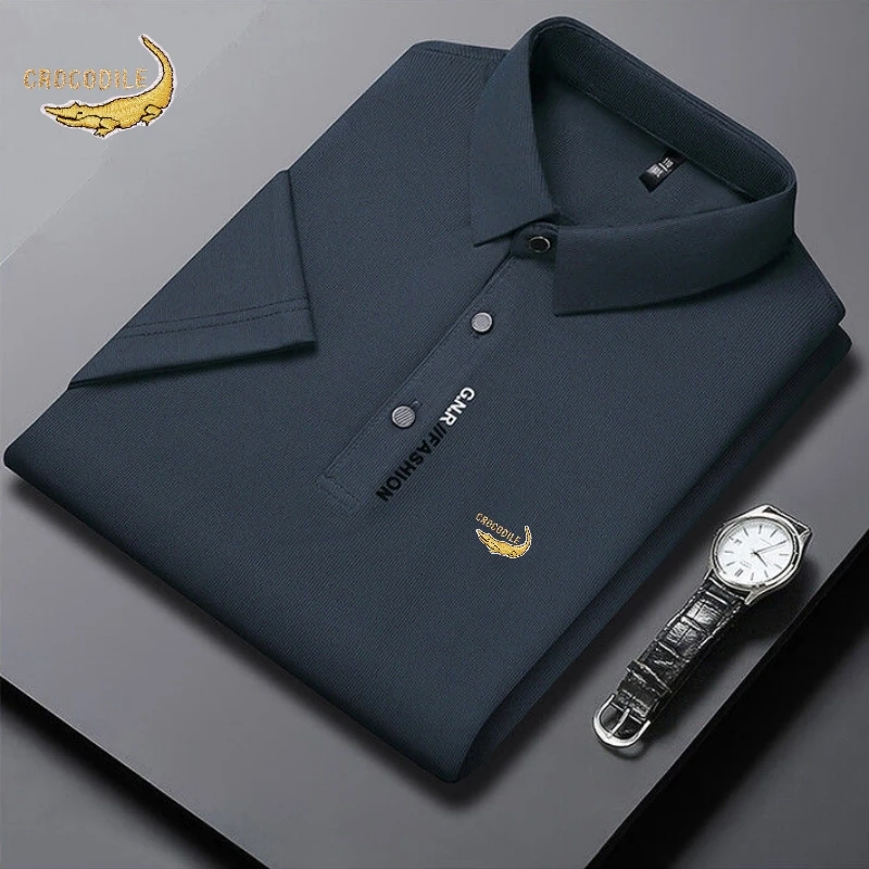 Summer New Silk Short Sleeved Polo Shirt, Men\'s High-end Luxury Fashion, Casual, Smooth, Comfortable Breathable T-shirt Top