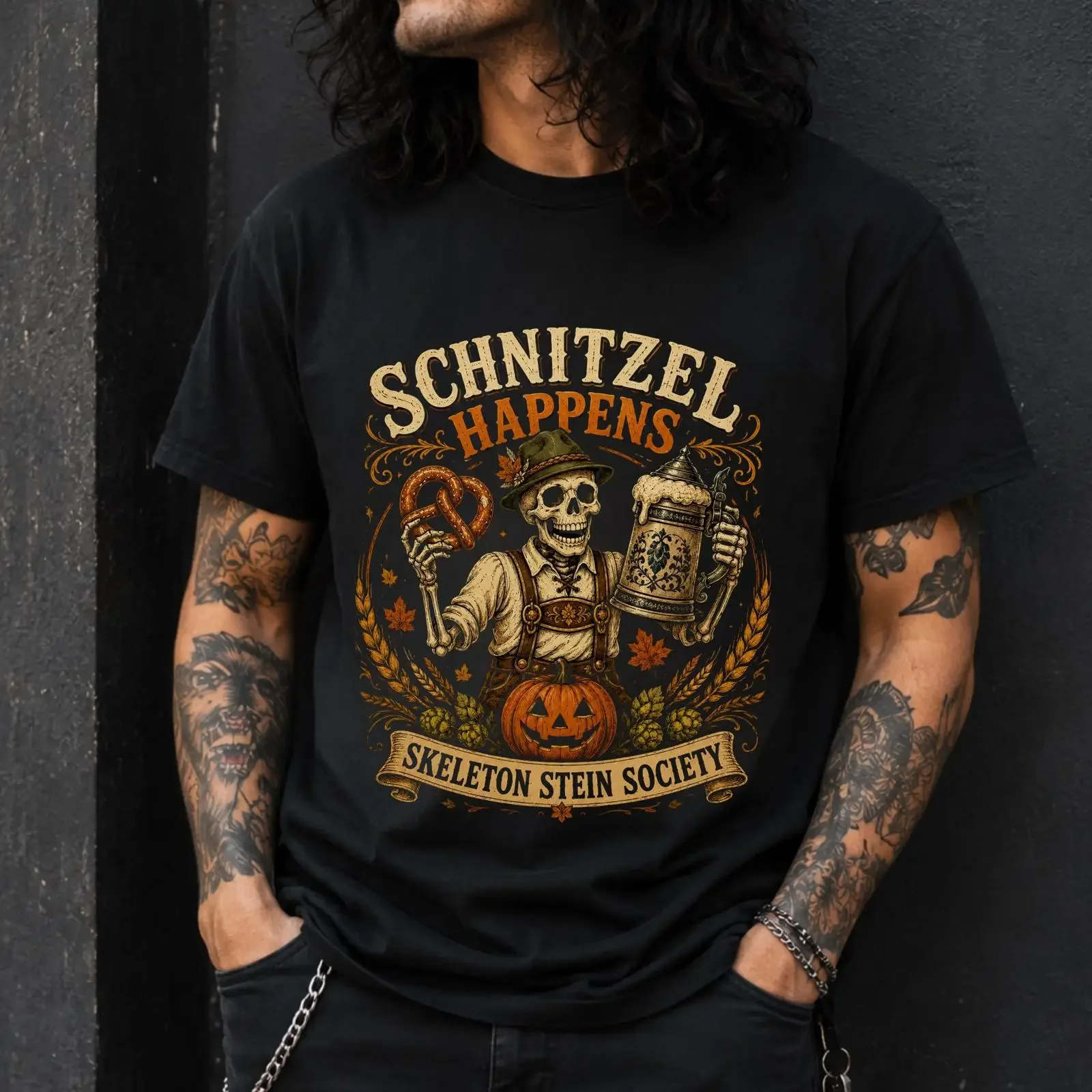 Schnitzel Happens Skull Oktoberfest T Shirt Beer Stein Pretzel Drinking Group Pub Crawl Custom vintage Washed Unisex fashion