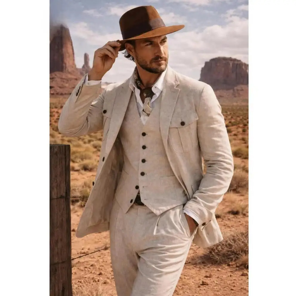 

Linen Men Suits Summer Breathable Blazer Vest Pants Set 3PCS Men Sets for Wedding Casual Business Outfit Custom Made