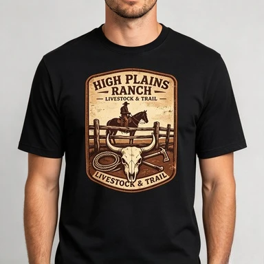 2026 Unisex Cotton T Shirt Vintage High Plains Ranch Western Cowboy Longhorn Skull Shield Badge Graphic Short Sleeve Crew Neck