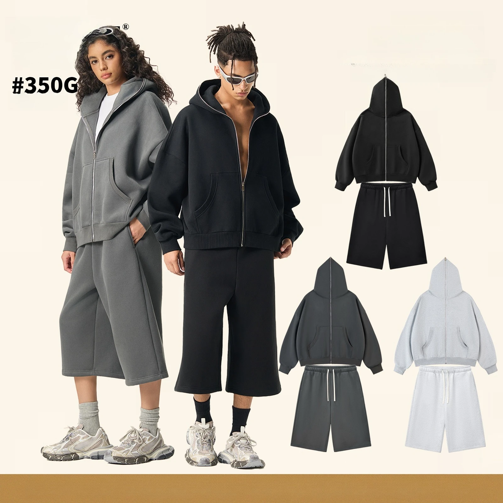 

Men’s Boxy Punk-Chic 350G Fleece Zip-Up Hoodie & Joggers Set: Streetwear Edge + Cozy Warmth At A Stea