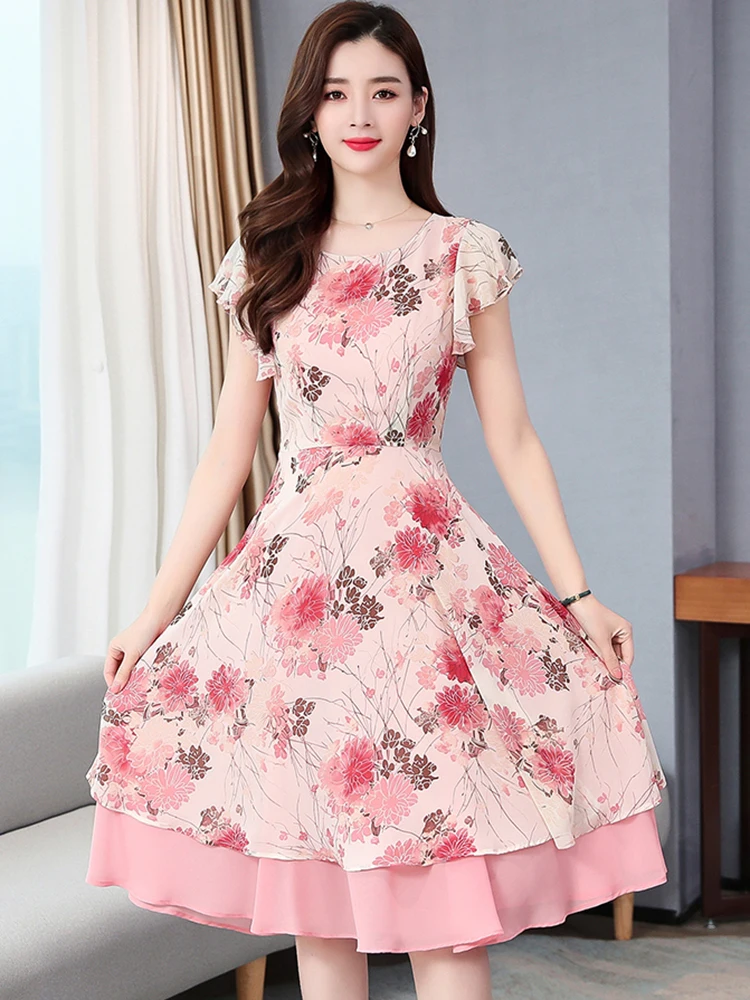 2024 Pink Floral Ruffle Casual Boho Beach Kawaii Sundress Women Chic Sexy Prom Midi Dress Korean Elegant Bodycon Evening Vestido