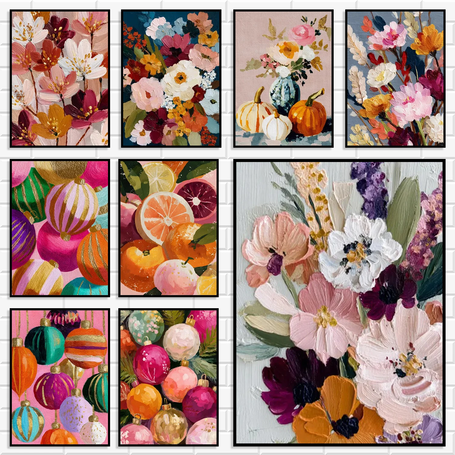 Impasto Textured Canvas Wall Art Festive Floral Fruit Christmas Bauble Posters Prints Colorful Paint Style Bedroom Home Decor