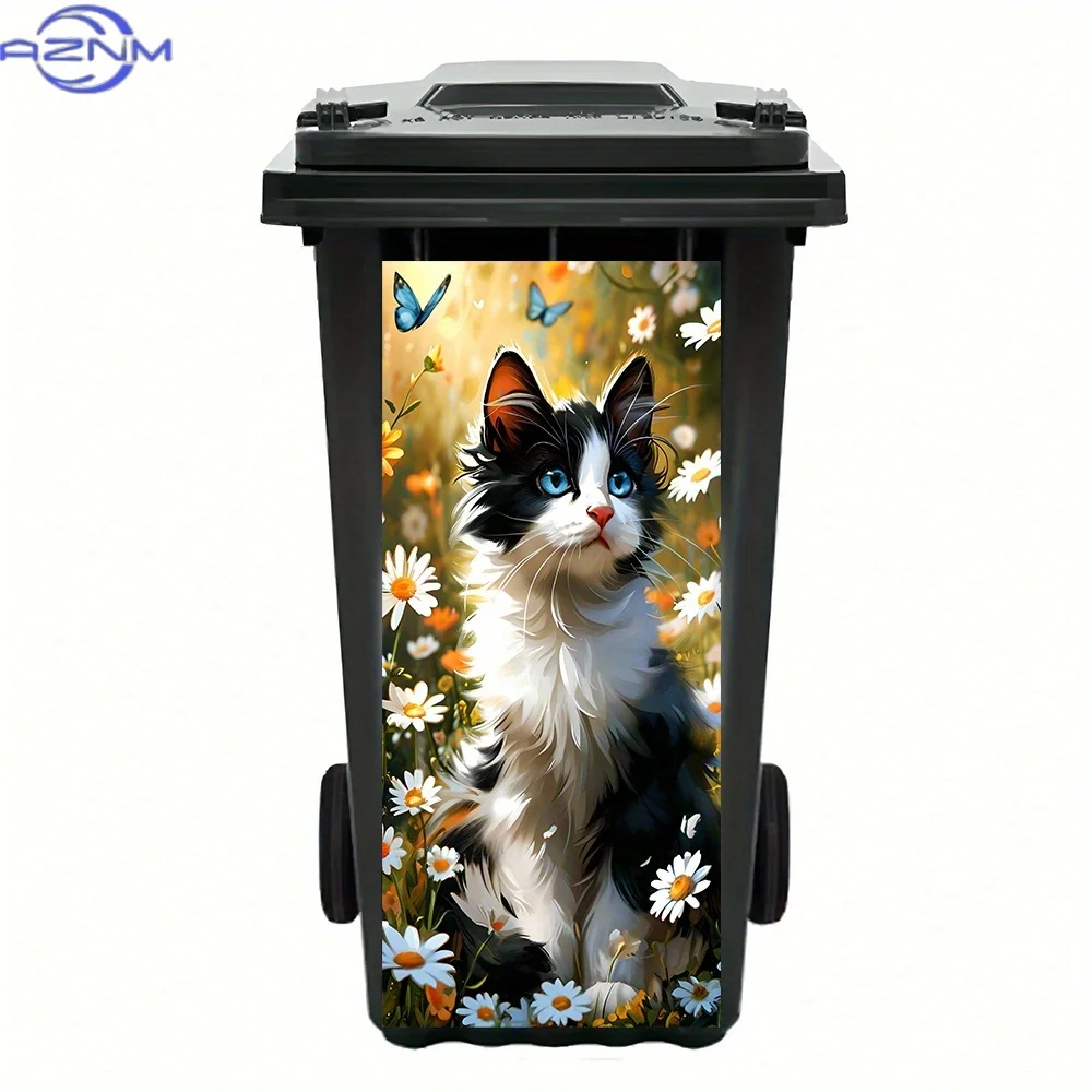 1pc Black - and - White Cat Among Daisies - PVC Waterproof and Removable Trash Can Sticker for Trash Can, Wall Decal and Home