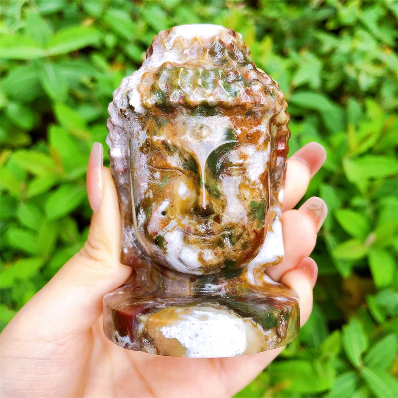 Přírodní oceán jaspis buddhy hlava řezbářský figurka okrasa, hojení feng shui řemeslo, buddhismus domácí ozdoba, 1ks, 8cm