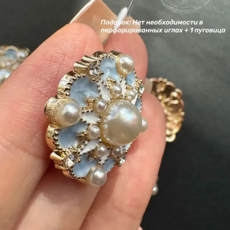 6 Stück 18/23 mm luxuriöse High-End-Perlen- und Strass-Inlay-blaue Metallknöpfe für Kleidung, Mantel, DIY, Handnähen, Knöpfe, Zubehör – Detail 5