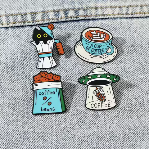 Funny Coffee Theme Enamel Pins UFO Beans Black Cat Machine Design Coffee Brooches Bag Backpack Badge