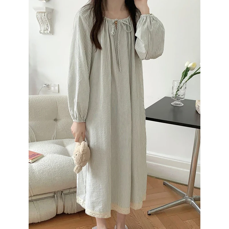 Striped Women Nightgown Korean Style Sleepwear Long Sleeve Night Dress Autumn One Piece Pajamas Casual Home Sleeping Wears New