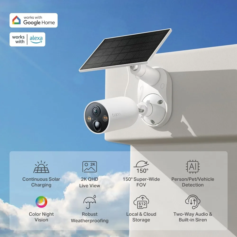 SolarCam 2K, Outdoor Battery Camera w/Solar Panel Base, Wireless Camera, 2K QHD, 150° Super-Wide FOV