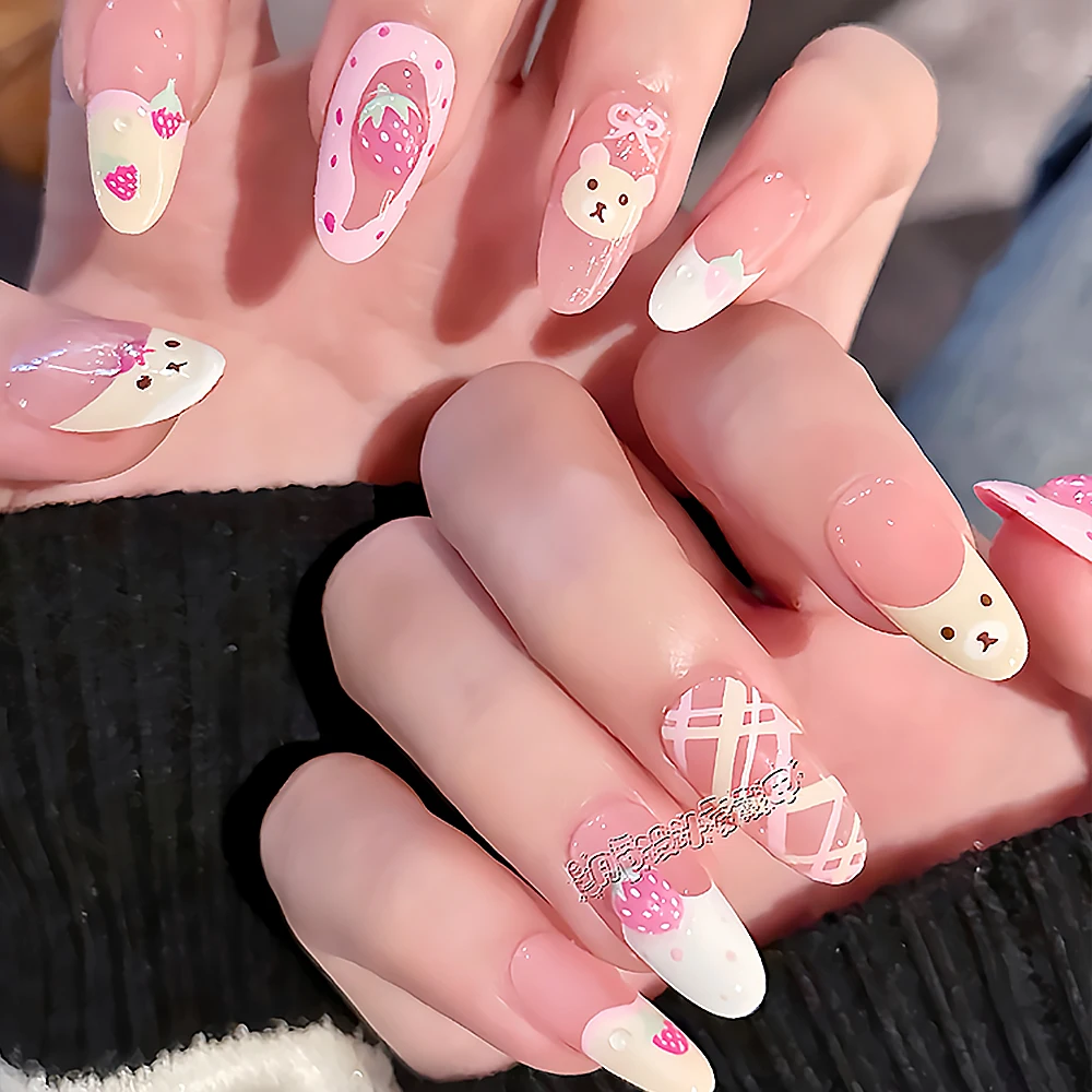 Rilakkuma Nail Sticker Art Tools Hand-Painted French Cartoon Strawberry Cute White Removable Press On Nails Decal