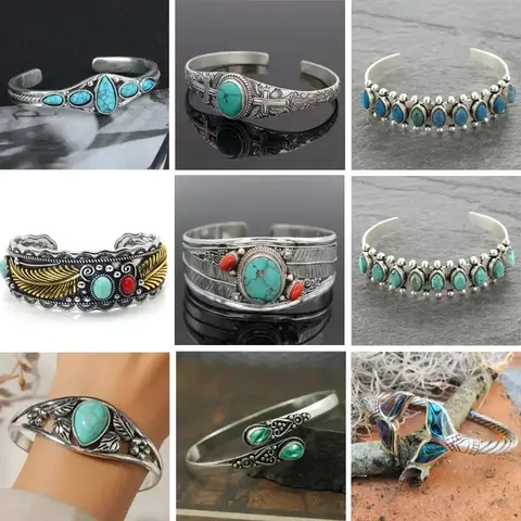Vintage Turquoises Jewelry Imitation Natural Stone Bracelets Elegant Open Adjustable Cuff Bangles for Women Men Party Jewelry