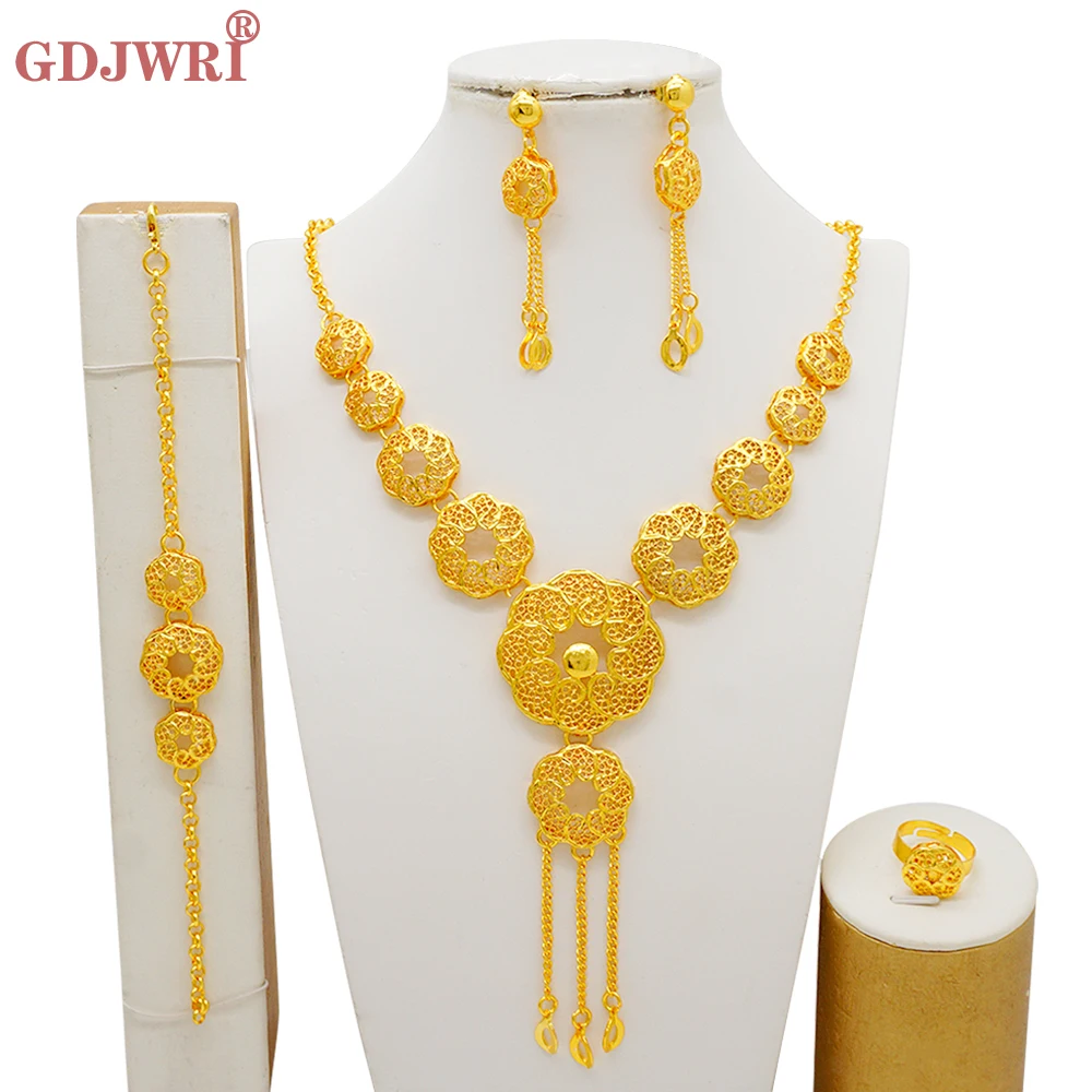 

Fine Arabic Dubai Round Jewelry Set For Women Earrings Ethiopian African Long Chain Gold Color Necklace Wedding Bridal Gift