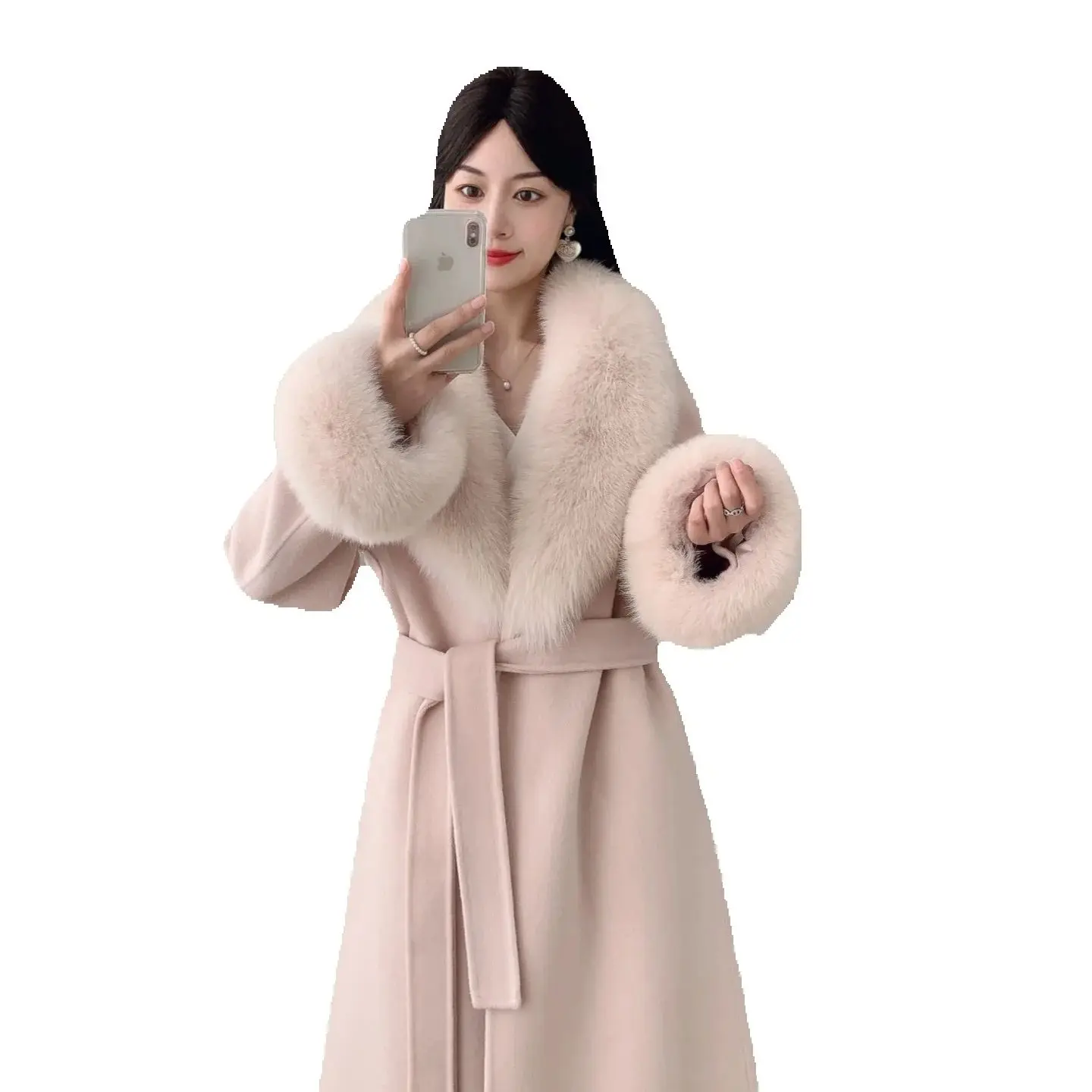 

Зимний стиль Светло-розовое осеннее двустороннее шерстяное пальто с большим воротником для женщин - это длинное шерстяное пальто, модное