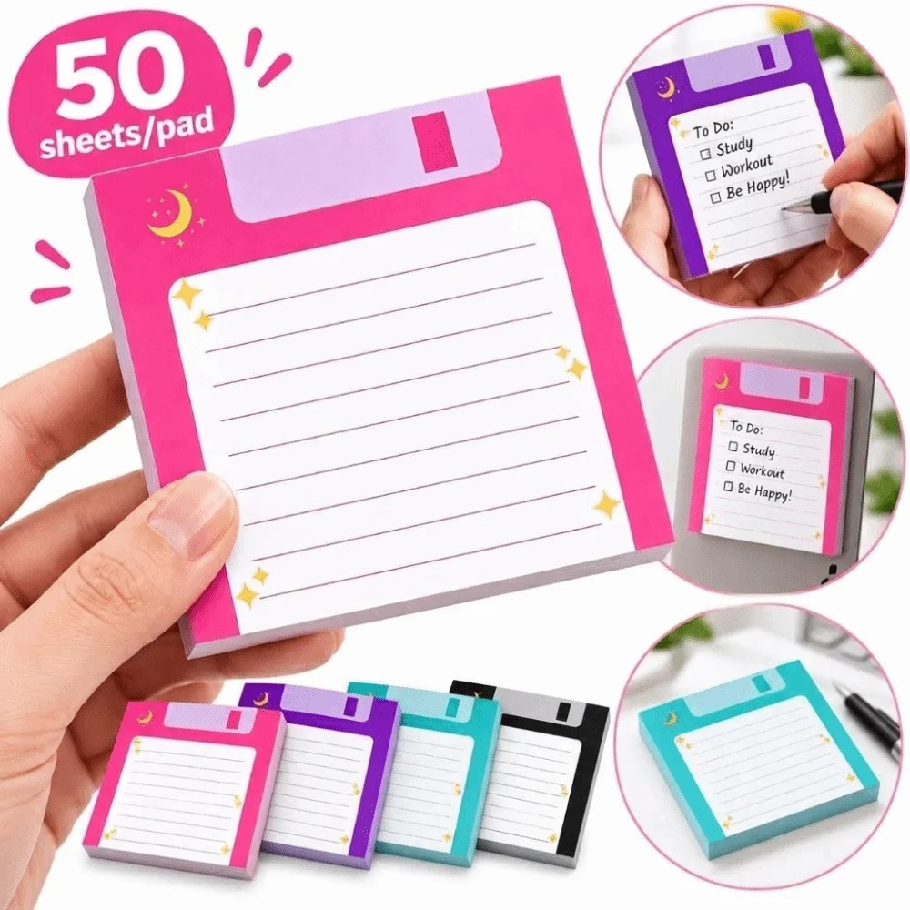 4pcs Set 50 Sheets Per Pad Floppy Disk Sticky Notes Lined Celestial Moon Notebook Planner Sticker Adhesive Paper Decorative