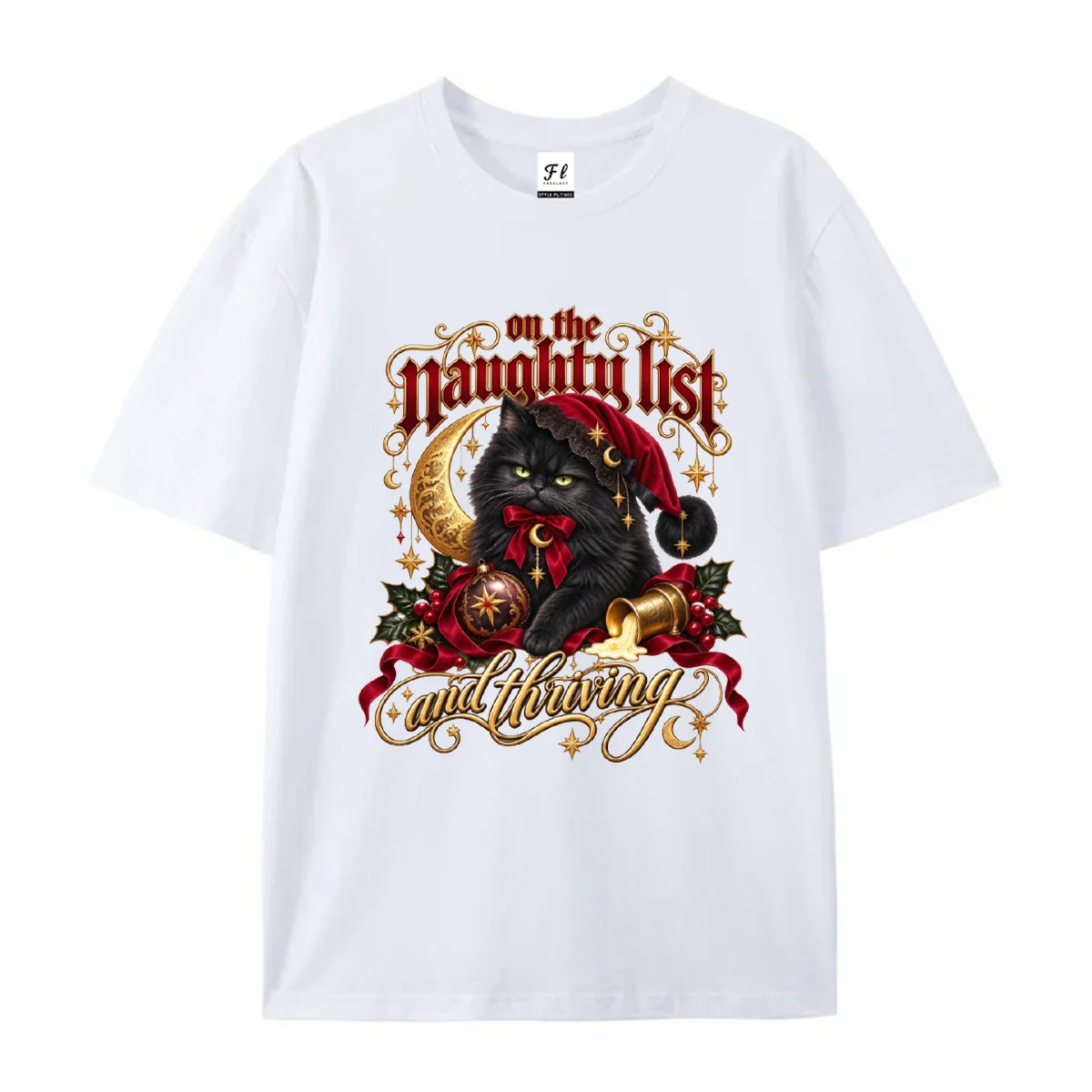 T-shirt à manches courtes pour femmes, avec un motif graphique inspiré de la chanson « On The Naughty List And Thriving », un message de Noël, un chat noir et une lune, idéal pour l’été, avec un col rond.