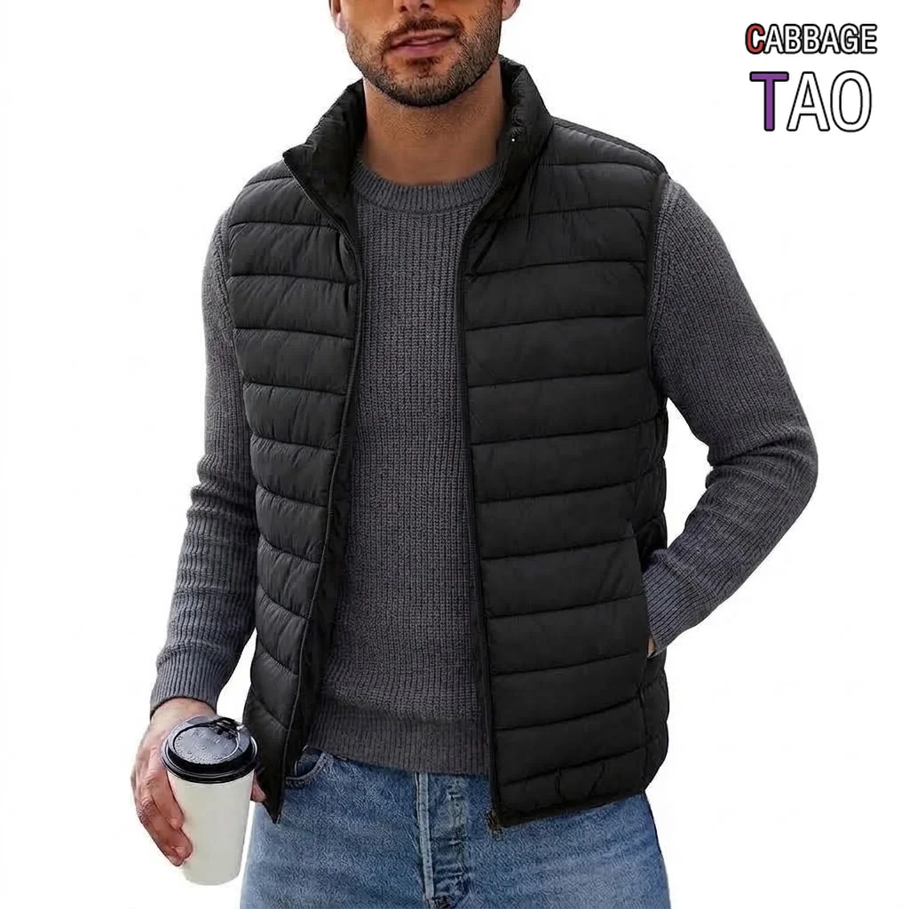 Outdoor Men Winter Cozy Gilet Lightweight Sleeveless Coat Mock Neck Warm Quilted Waistcoat with Pockets for Zipper Outer Garment
