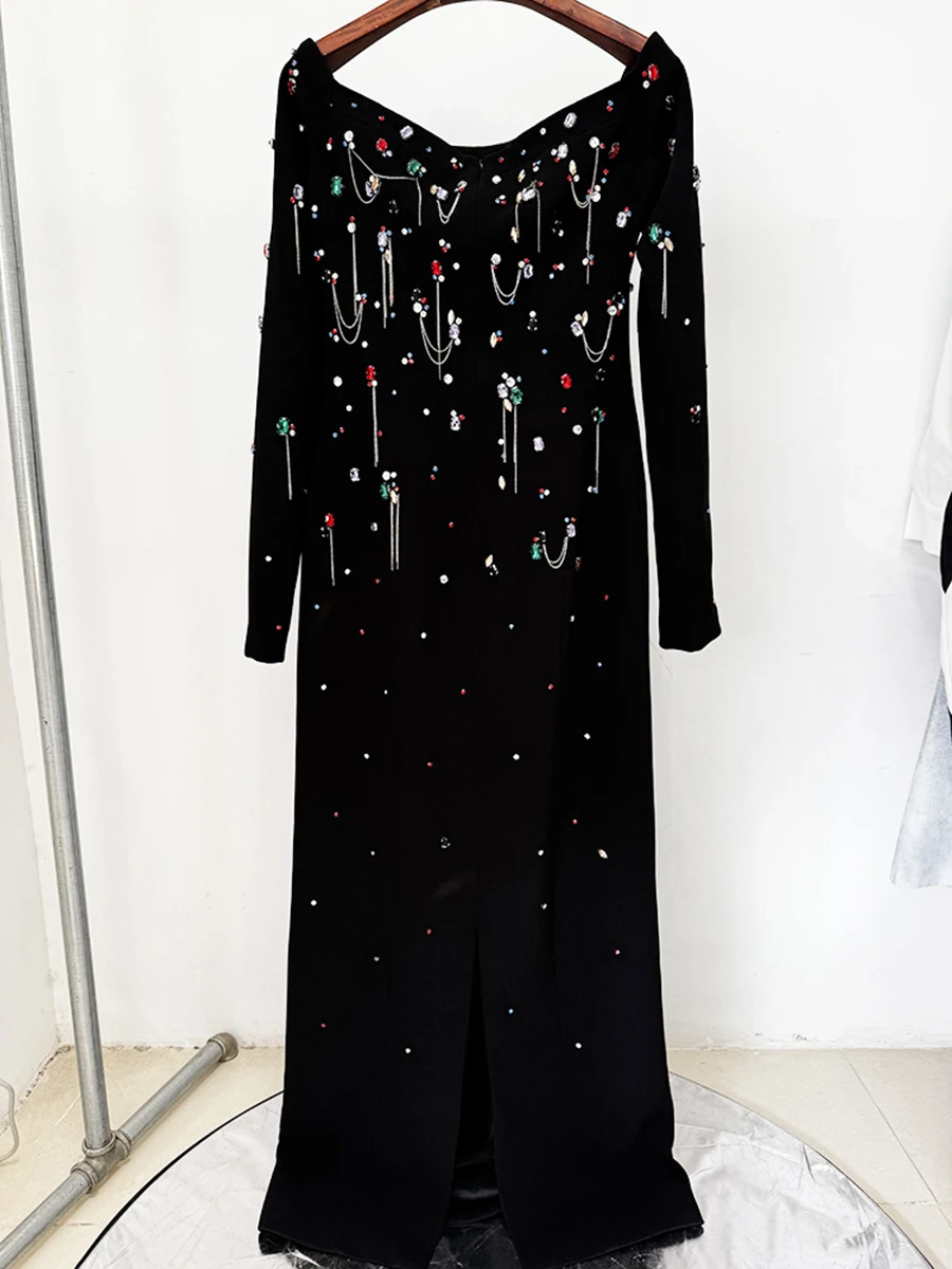 TWOTWINSTYLE Elegant Spliced Diamonds Slimming Dresses For Women Slash Neck Long Sleeve High Waist Temperament Dress Female New