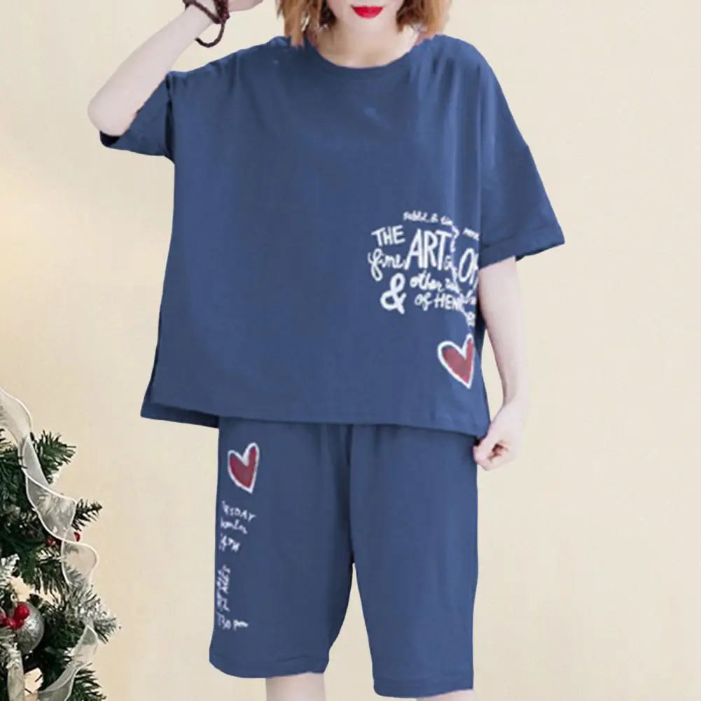 Loose Fit Women Suit Women's Casual Tracksuit Set Letter Print T-shirt Knee Length Shorts with Elastic Waist Comfortable Daily