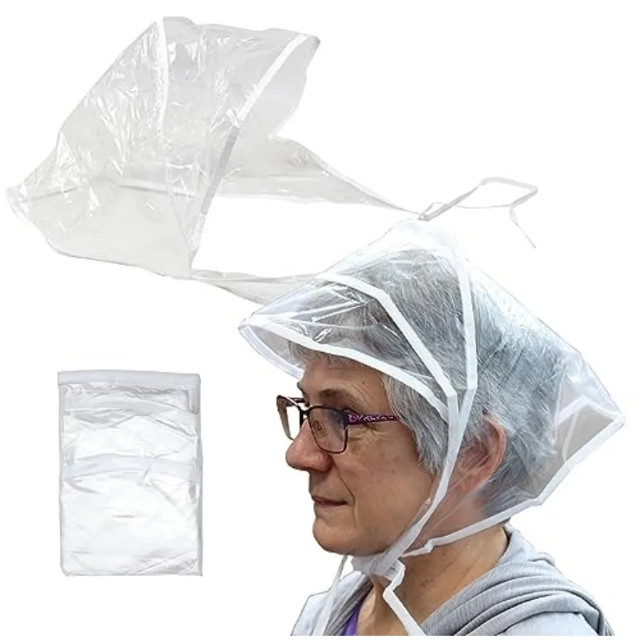 

24-Count Clear Plastic Rain Bonnet Hair Cover Poncho Hood-Single-Transparent Protective Hairdo Shield with Ties
