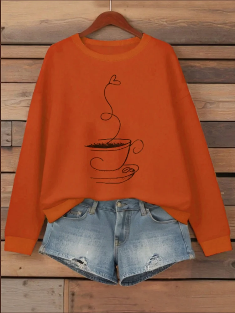 Geometric Print Long Sleeved Orange Round Neck Women\'s T-shirt Street Versatile Casual Comfortable Autumn Top