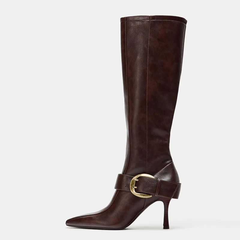 Liyke Vintage Brown PU Leather Belt Buckle Zipper Women Knee High Boots Autumn Winter Elegant Thin High Heels Chelsea Long Shoes image 3