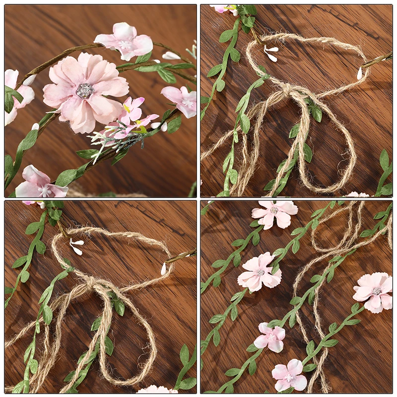 Haimeikang Flower Crown Headband Peach Blossom Wreath Garland Wedding Bridal Hair Bands Floral Women Ladies Leaf Vine Party