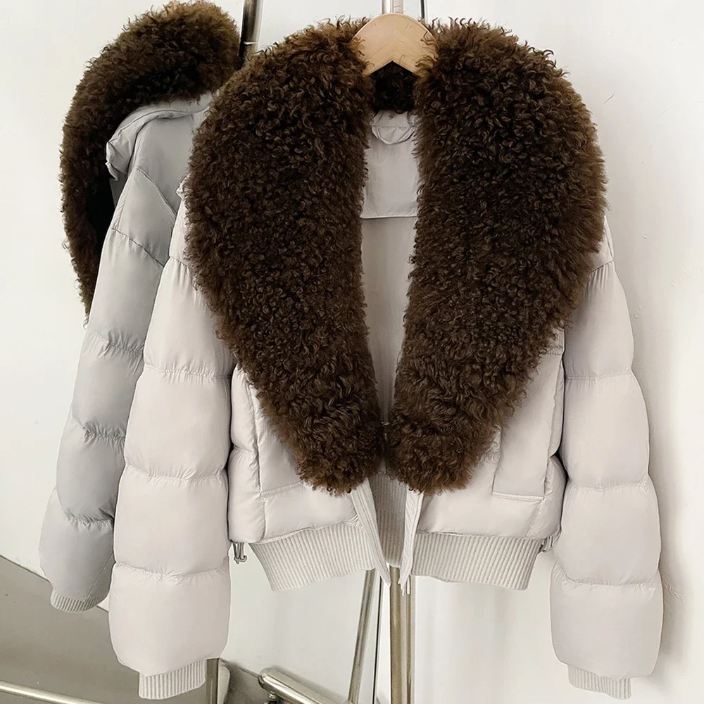 OFTBUY Winter-Qualitäts-Daunenjacke für Damen mit abnehmbarem Echt-Lammfellkragen, kurzer Puffermantel, isolierte Oberbekleidung – Detail 8