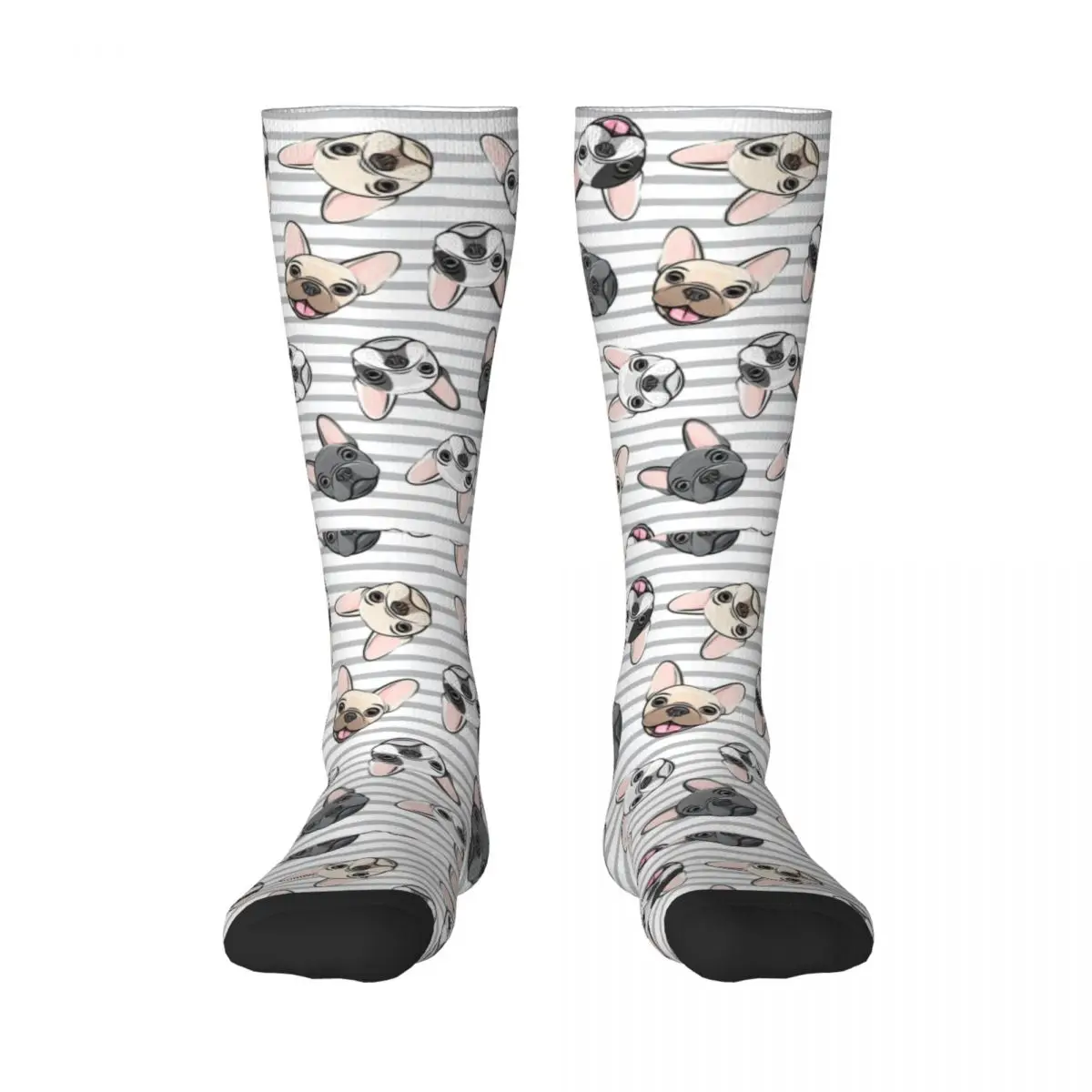 Custom Women Grey Stripes Cute French Bulldogs Stockings 3D Printing Frenchie Dog Lover Thigh Knee High Tube Socks