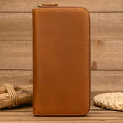 Vintage Crazy Horse Men Women Leather Long Purse single Zip Long Wallet For Cell Phone Card Coins Cash Double Interlayer