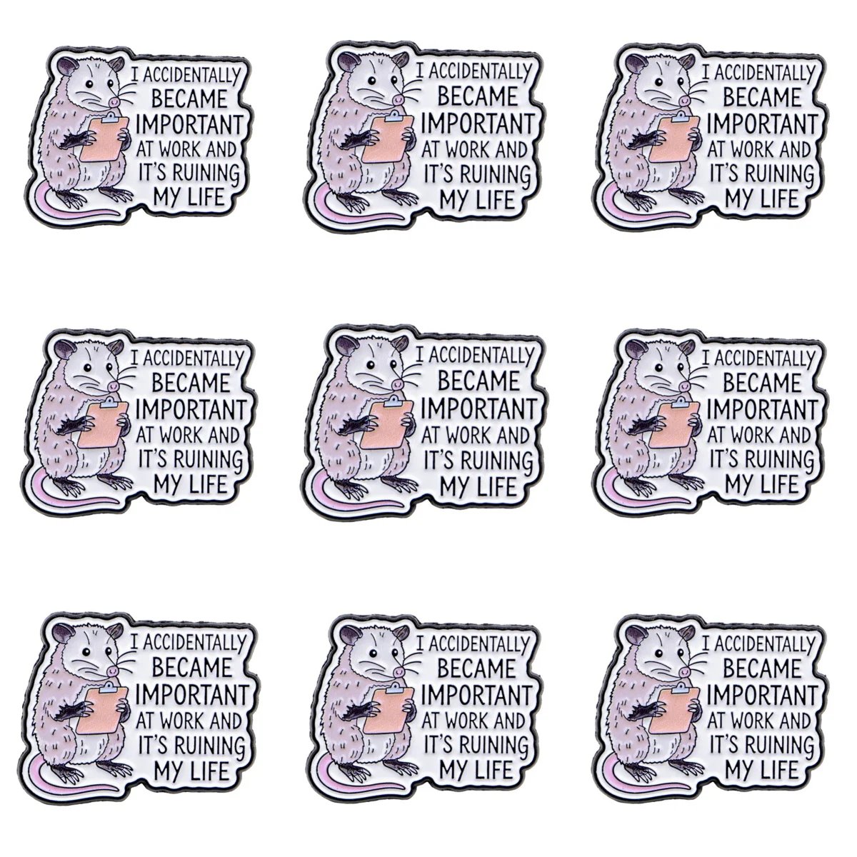 9 Stück lustige Opossum-Emaille-Anstecknadeln „Ich wurde versehentlich bei der Arbeit wichtig“ Zitat Reversnadel Tierbrosche für Rucksack- und Jackendekoration – Detail 6