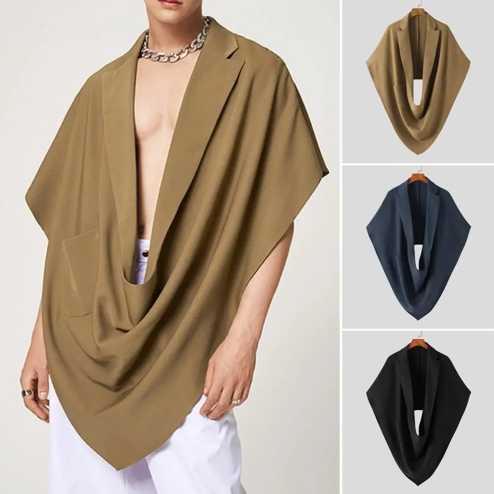 

Men Club Cape Soft Pullover Solid Color Irregular Sleeveless Streetwear Turn-down Collar Waistcoat Men Party Shawl Male Clothes