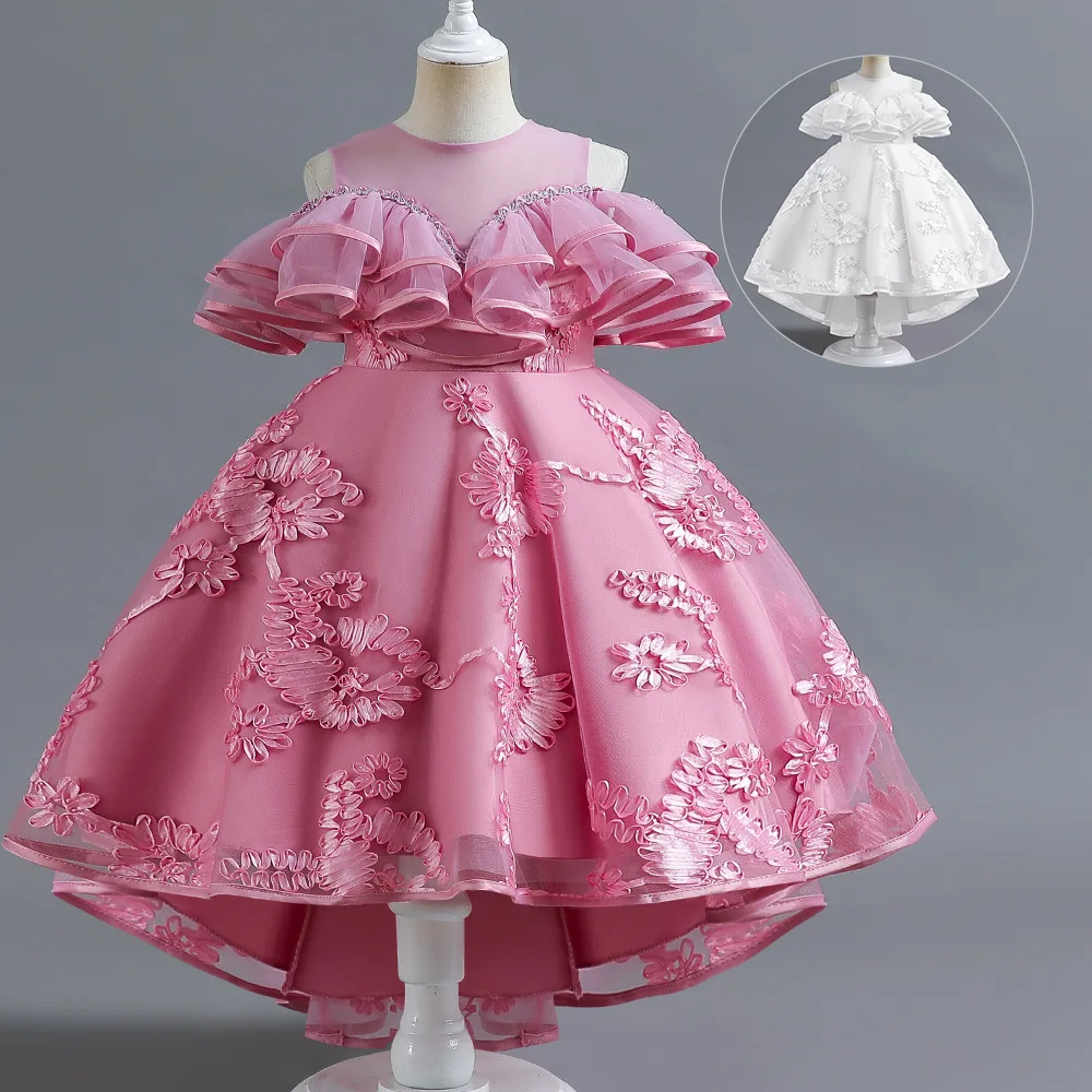 

ELBCOS 4-14T Kid Girls Chrysanthemum Shoulderless No-Sleeve Lace Trailing Skirt Dance Costumes Evening Full Dress