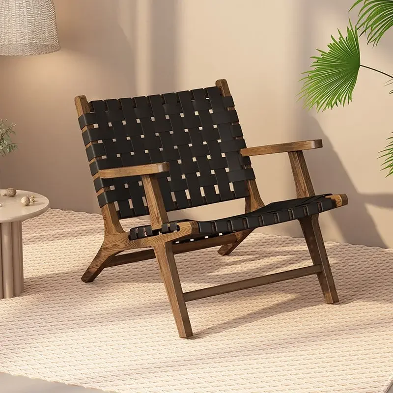 Rope woven solid wood single sofa chair, Nordic balcony lounge chair, Japanese style small house backrest lazy chair chairs